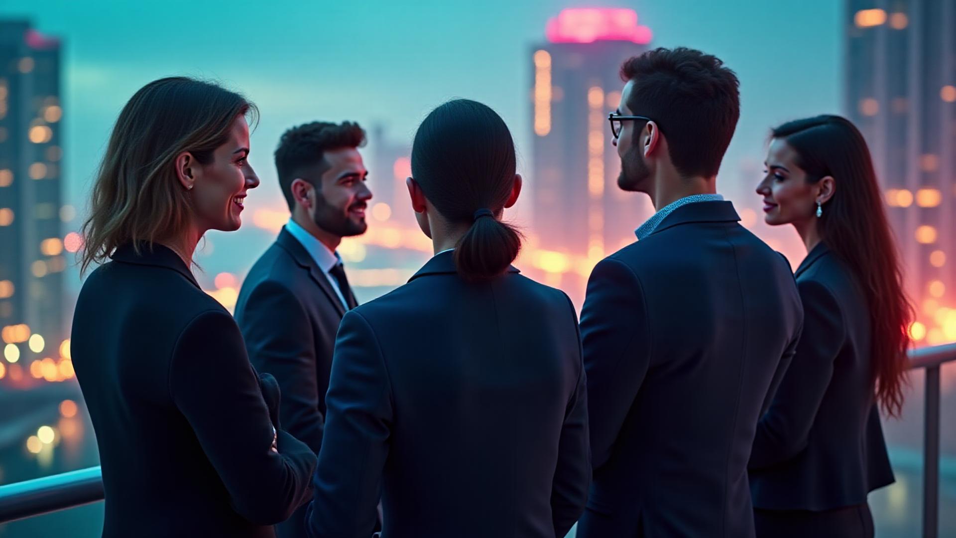 Tidal Bass core team overlooking a vibrant Miami cityscape at dusk with neon lights