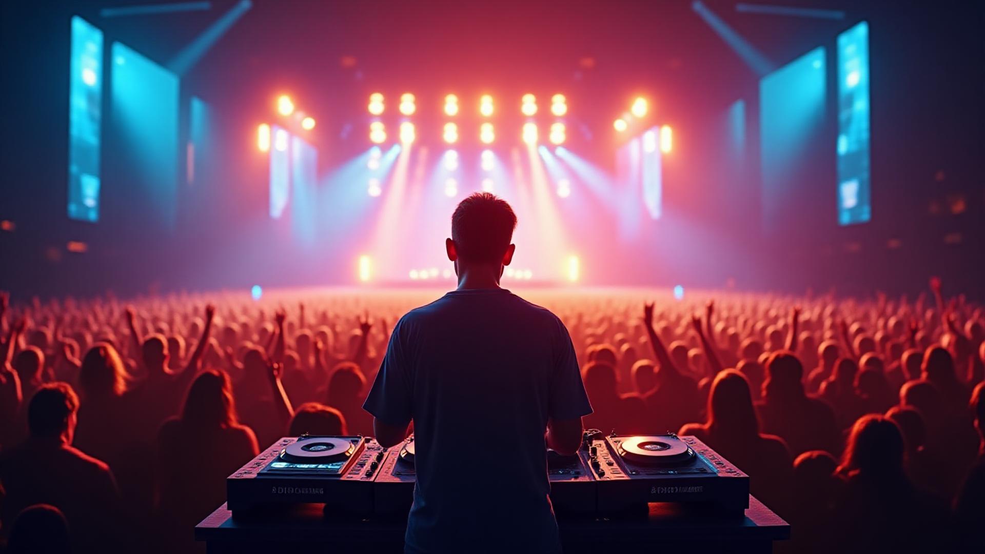 DJ performing on stage with a massive, energetic crowd in front, vibrant stage lights
