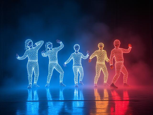 Mesmerizing visual artists performing with LED costumes on a dark stage