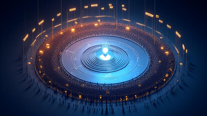 Animated diagram of a 360-degree stage layout, showing DJ in center, crowd surrounding, and visual projections outwards, highlighting sightlines and sound distribution