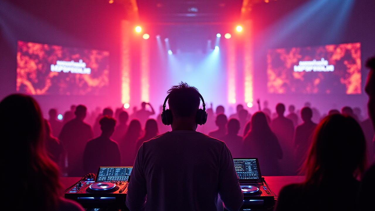 Vibrant Miami Music Week pop-up event with a famous DJ performing and brand logos illuminated