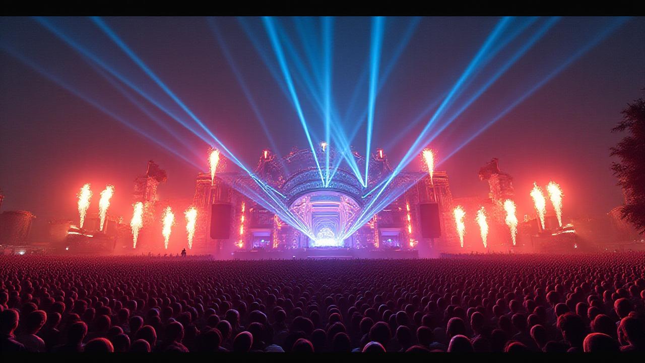 Massive festival crowd with intricate 360-degree stage design, lasers, and pyrotechnics at Project SUBZERO