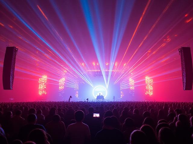 Wide shot of a massive festival stage bathed in complex, vibrant laser light show from the crowd's perspective, with fog and visual effects