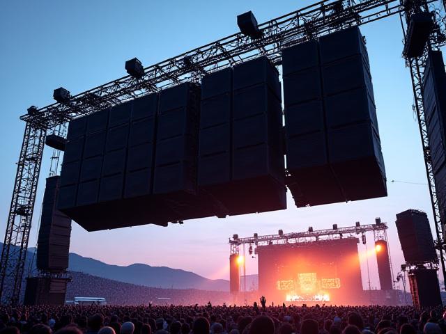 Massive L-Acoustics K2 line array speaker system hanging from a stage rig at a large outdoor music festival