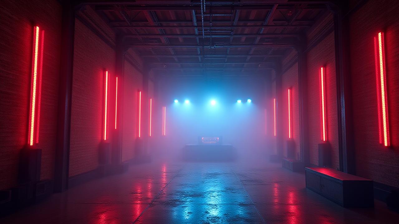 Raw, industrial warehouse space with dramatic uplighting, perfect for a bass music event.