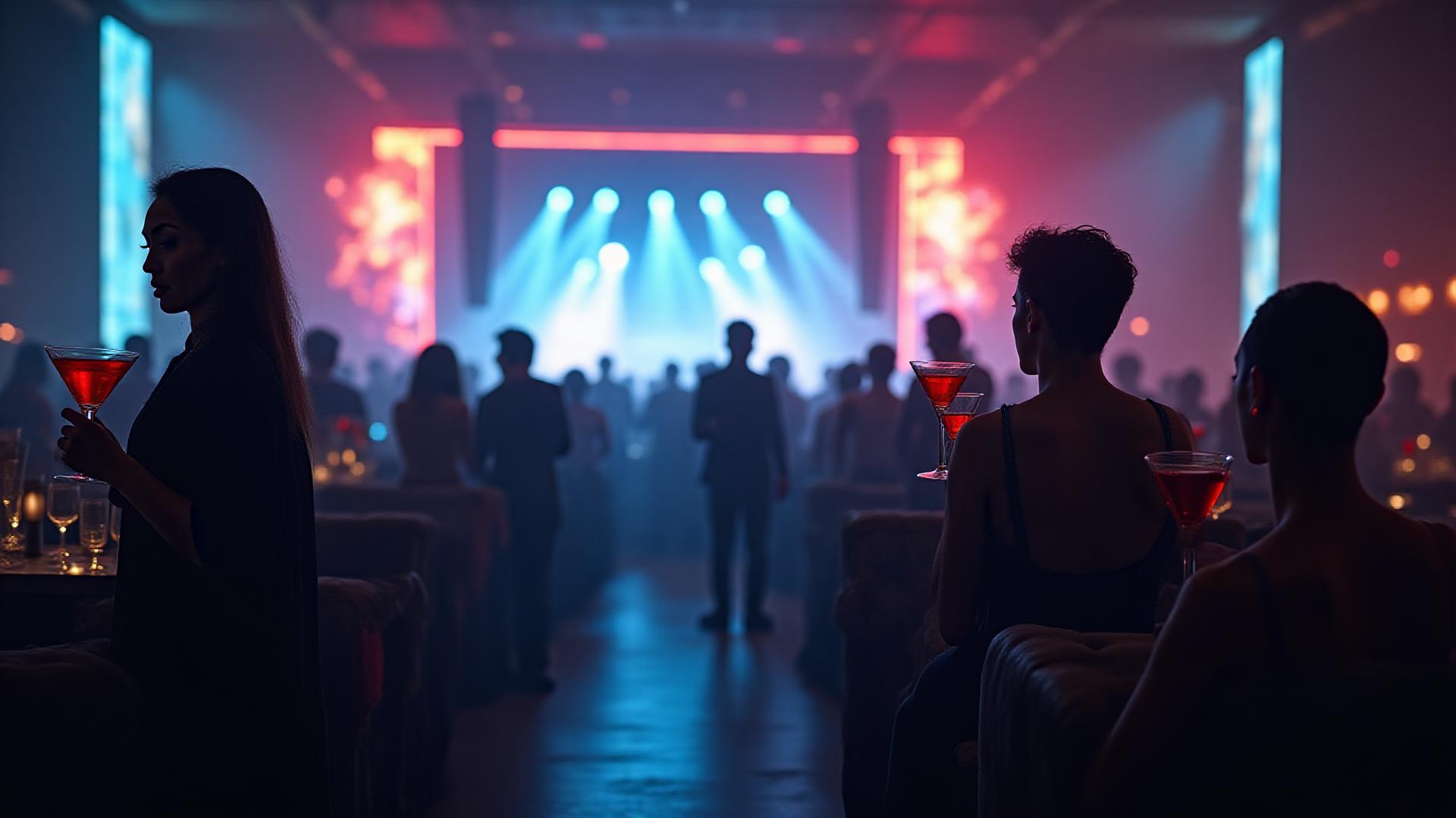 Luxurious VIP lounge at a bass music festival with neon lights and a blurred stage in the background